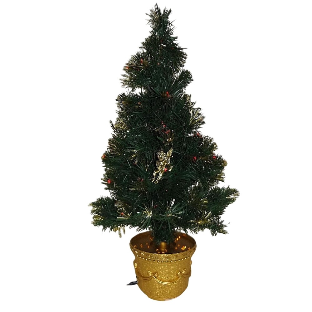 Vintage Merrybrite Pre-Lit Fiber‎ Optic Christmas Tree Gold Pot Tabletop